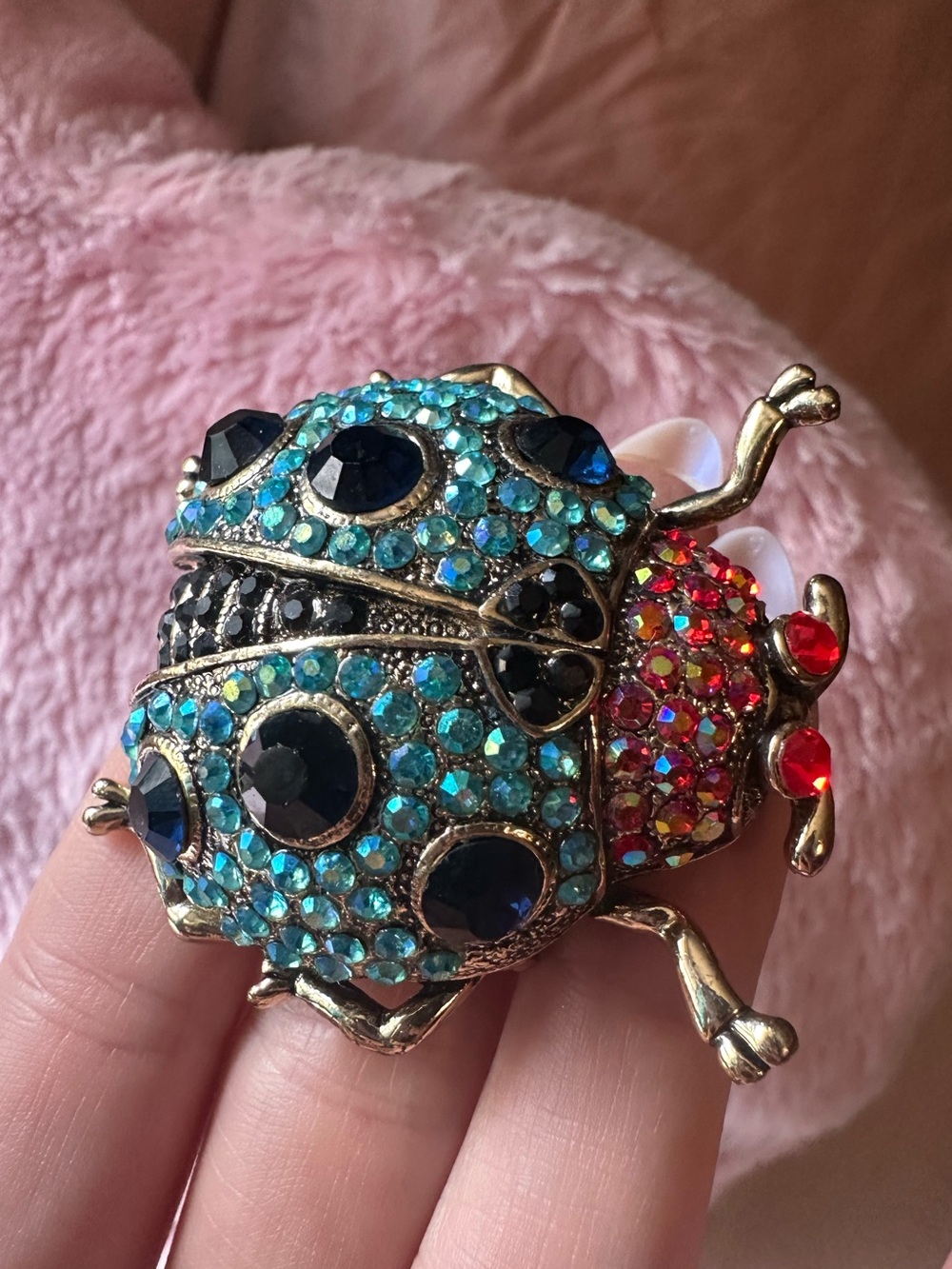 Gold Tone Iridescent Jeweled Beetle Brooch - Picture 10 of 17